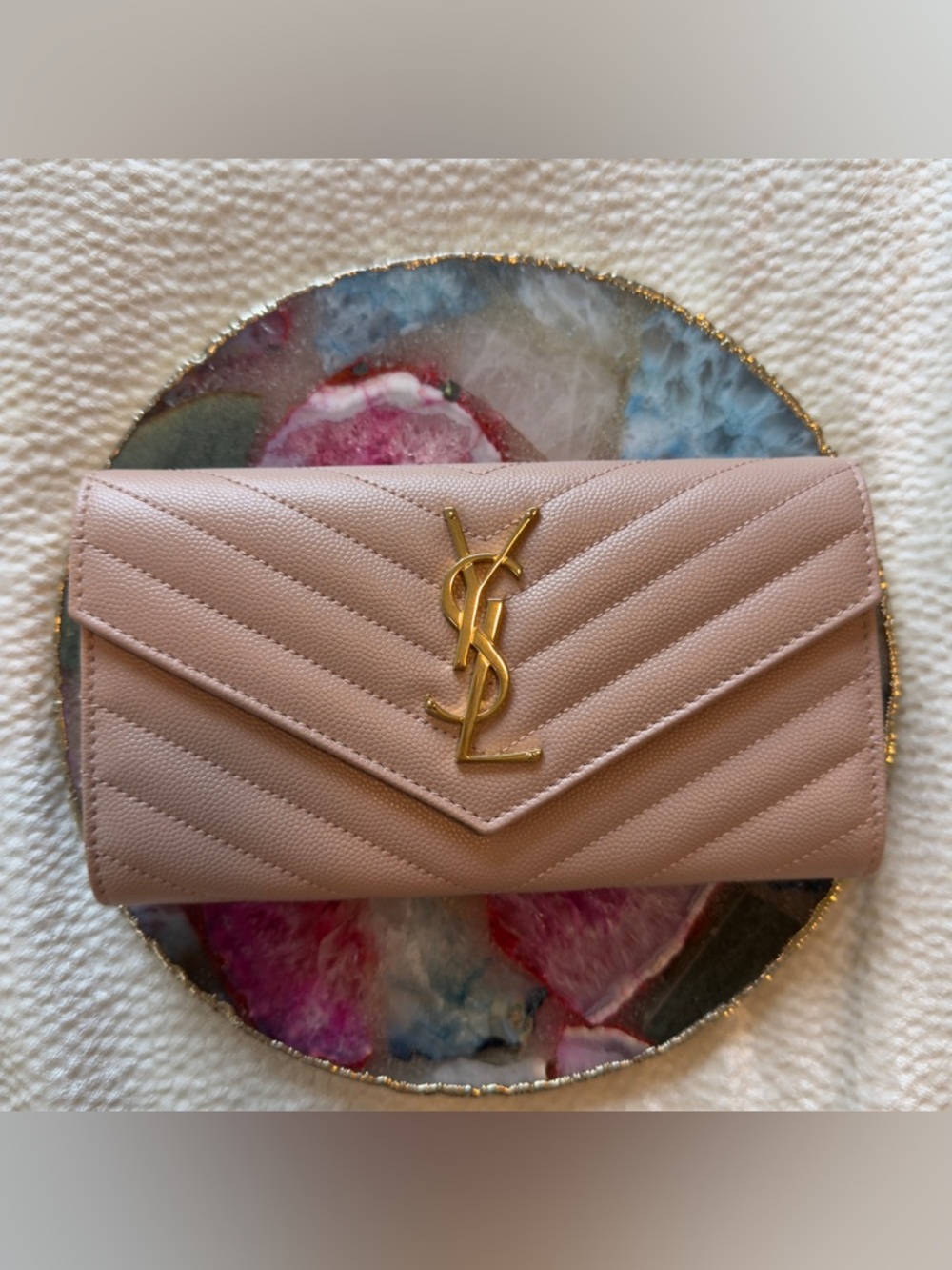 NWT Cassandre Matelassé Pale Pink Large Flap Wallet in Grain De Poudre Leather